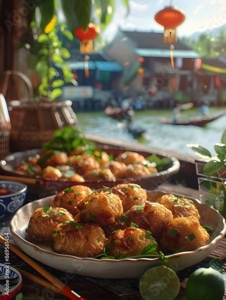 Obraz Generative Rendered 3D Vietnamese Street Food Fried Fish Cakes with Herbs and Citrus Garnish