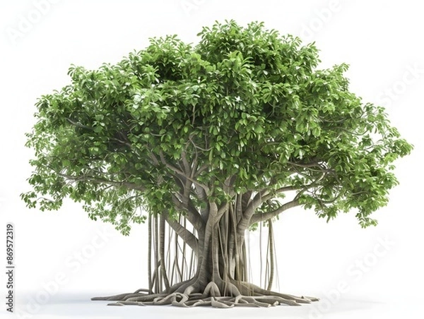 Fototapeta Majestic Banyan Tree with Lush Foliage and Aerial Roots in Serene White Backdrop