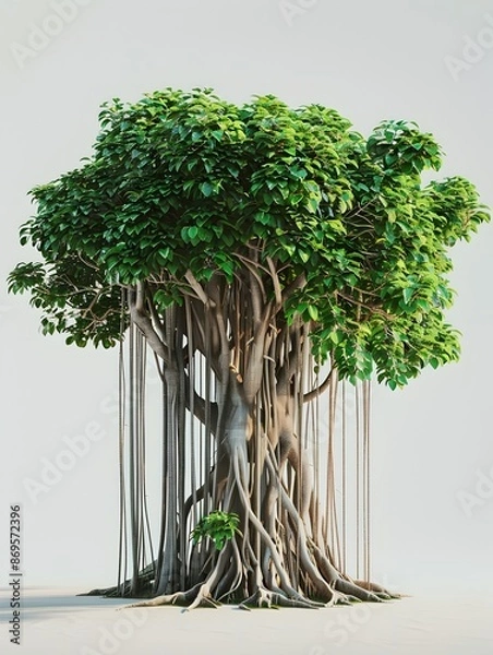 Obraz Towering Banyan Tree with Aerial Roots and Vibrant Green Foliage in Minimalist Portrait