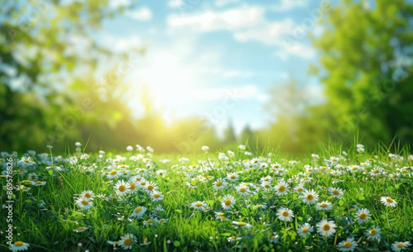 Fototapeta Serene spring meadow with wildflowers and trees under blue sky, sunny landscape with green grass and blooming flora, nature banner for product presentation