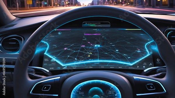 Fototapeta GPS with the route on the dashboard of a car with display. Self driving autonomous vehicle, navigation system