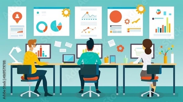 Fototapeta Office team working on data analytics and charts, using computers and discussing business strategy. Collaboration and teamwork concept.