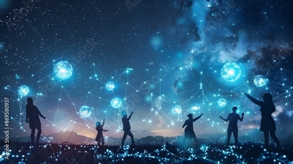 Fototapeta Floating Business Figures Exchanging Glowing Spheres in Starry Cosmic Sky