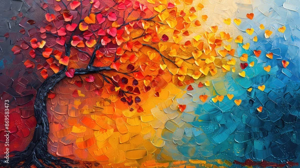 Obraz Elegant colorful tree with vibrant leaves hanging branches illustration background. Bright color 3d abstraction wallpaper for interior mural painting wall art decor. Ai	