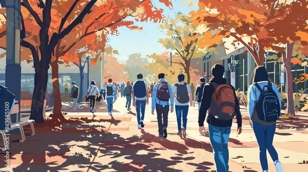 Fototapeta Students walking through a university campus An illustration art style