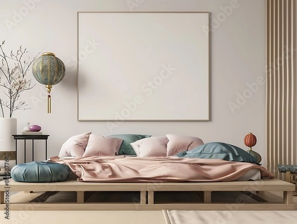 Fototapeta Modern Minimalist Bedroom Interior Design with Wooden Bed and Blank Canvas.