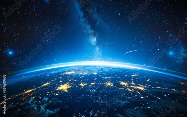 Fototapeta Nighttime Earth from Space: A Realistic View of the Blue-Glow Horizon and City Lights
