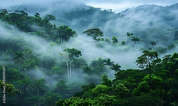 Fototapeta Tropical Rainforest Canopy with Misty Dawn Light, Cut Out