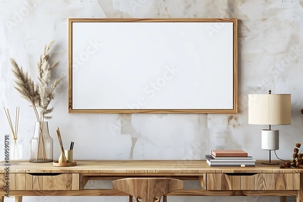 Fototapeta Modern Home Office Desk with Wooden Frame Artwork Mockup.