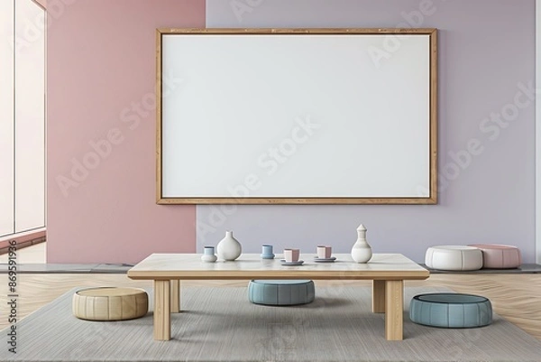 Fototapeta Minimalist Living Room with Wooden Table and Cushions.