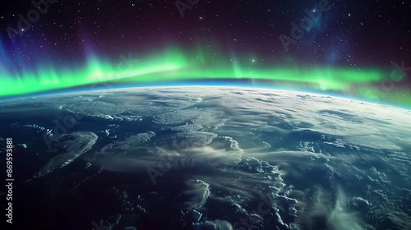Fototapeta Northern lights, aurora, polar lights, view from Earth orbit