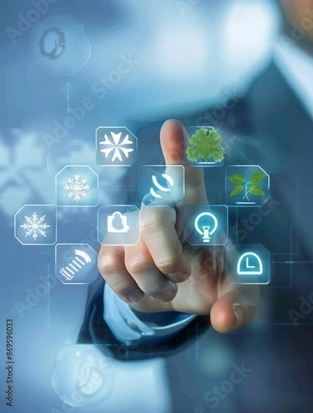 Fototapeta Tech-Inspired Weather Icons: A Business Hand Presents Modern Atmospheric Insights on an Interactive Touch Screen