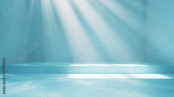 Fototapeta Minimal Light Blue Background with Sun Rays for Product Display, Empty Studio with Pastel Backdrop and Spotlights