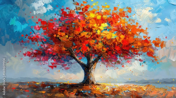 Obraz Elegant colorful tree with vibrant leaves hanging branches illustration background. Bright color 3d abstraction wallpaper for interior mural painting wall art decor. Ai	