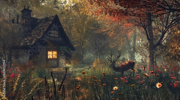 Fototapeta a mystical and magical forest, among the trees there is a small house, there are wild flowers and a deer in the garden.