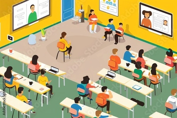 Fototapeta A classroom with students and teachers participating in a hybrid learning session.