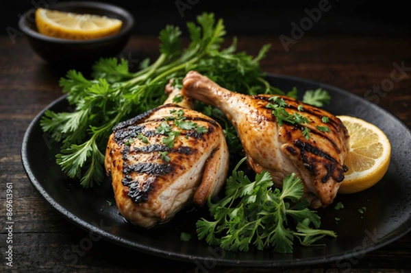 Fototapeta Roasted chicken legs lying on black plate with fresh herbs and lemon slices