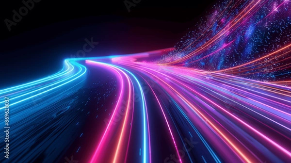 Fototapeta Futuristic Neon Curvy Lines Digital Abstract Background with Speed Effect and Glowing Trails