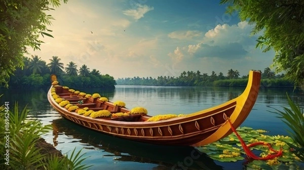 Obraz South Indian Festival Onam Boat at river on decorative