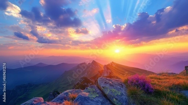 Obraz Beautiful Sunset View from Mountain Top Scenic sunrise Landscape