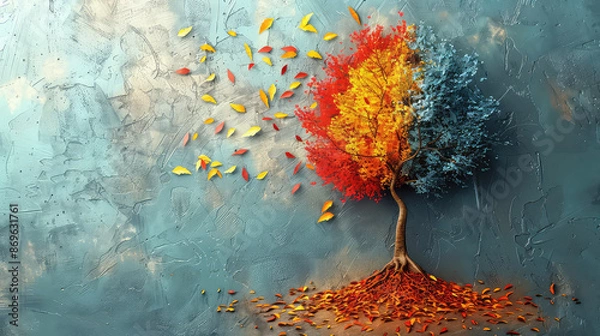 Obraz Elegant colorful tree with vibrant leaves hanging branches illustration background. Bright color 3d abstraction wallpaper for interior mural painting wall art decor. Ai	