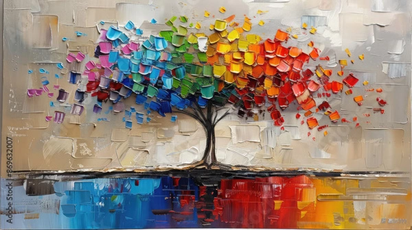 Obraz Elegant colorful tree with vibrant leaves hanging branches illustration background. Bright color 3d abstraction wallpaper for interior mural painting wall art decor. Ai	
