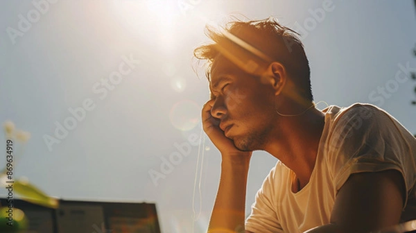 Fototapeta heat stroke - Heat stroke A man is worried in the hot sun's heat with a wet towel on his head, hot sunlight
