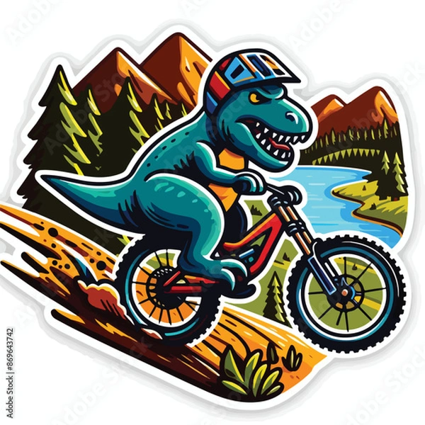 Obraz dinosaur riding a bike with mountain
