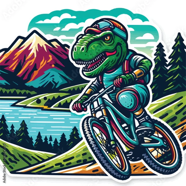 Fototapeta dinosaur riding a bike with mountain
