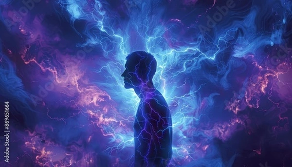 Fototapeta Electric aura around a human silhouette, energy flowing through veins, SciFi, Digital Painting, Dynamic , high resolution DSLR