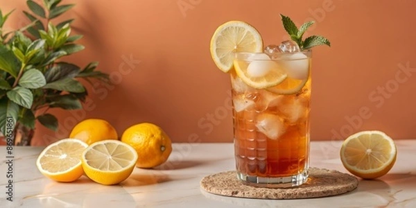 Fototapeta Iced tea with lemon and ice in a tall glass refreshing drink or lemonade on a hot summer day, on bar background.