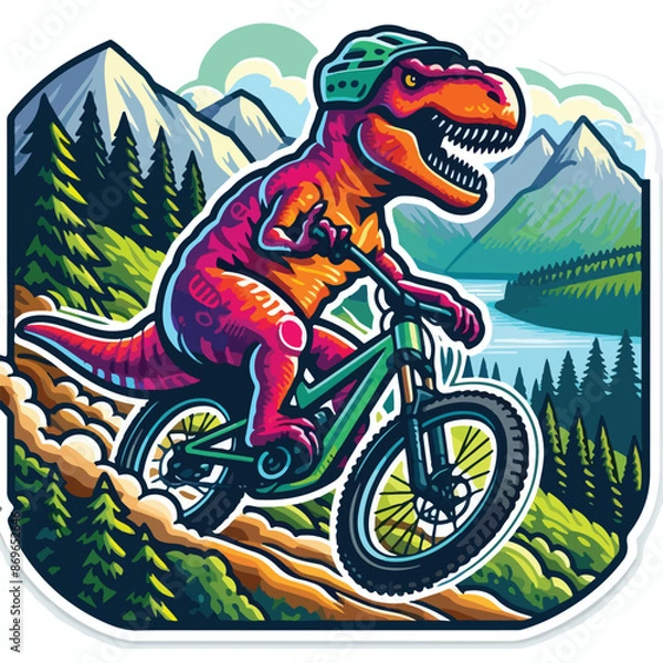 Fototapeta dinosaur riding a bike with mountain
