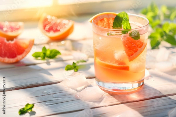 Fototapeta grapefruit cocktail on white wooden table