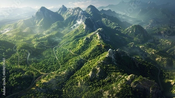 Fototapeta Aerial view of mountains with winding road leading to the peak. The road is surrounded by green trees and cloudy skies