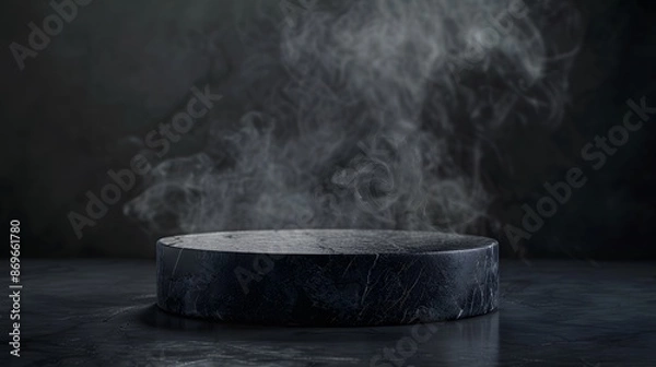 Fototapeta Black stone podium with smoke for product presentation on dark background