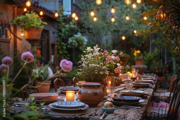 Fototapeta Outdoor dining table set for an evening meal with string lights and floral decorations