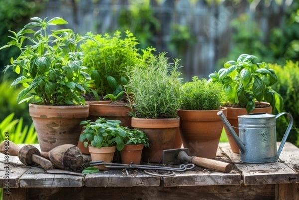 Obraz Potted herb garden on a rustic wooden table with gardening tools and a watering can