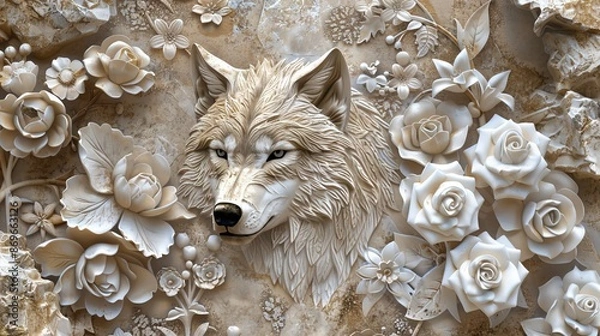 Obraz Beautiful wolf 3d relief wallpaper. Mural wallpaper. Wall art. AI generated illustration