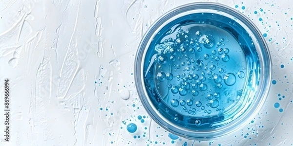 Obraz Blue Skincare Serum in Petri Dish with Gel Texture - Top View. Concept Skincare, Serum, Blue, Petri Dish, Gel Texture