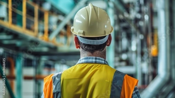 Fototapeta Engineer in hard hat overseeing factory operations. Rear view of a skilled engineer in a safety vest and hard hat, diligently supervising industrial processes inside a factory.