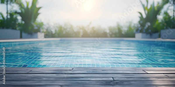 Fototapeta Empty, wooden surface with swimming pool background, advertising banner, summer layout for design and product display.