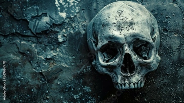 Fototapeta Dark skull on grunge background. Eerie image of a weathered skull resting on a textured, grunge background, suitable for Halloween or dark themes.