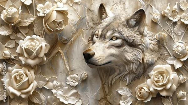Obraz Beautiful wolf 3d relief wallpaper. Mural wallpaper. Wall art. AI generated illustration