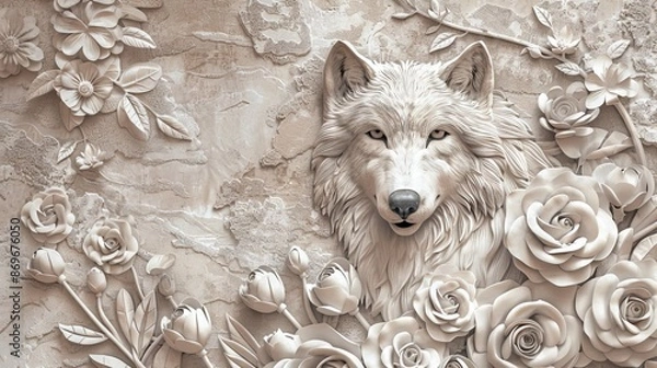 Obraz Beautiful wolf 3d relief wallpaper. Mural wallpaper. Wall art. AI generated illustration