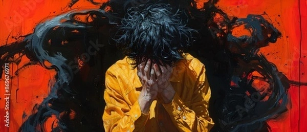 Fototapeta Concealed Shame - Abstract Portrait of a Person Hiding Face in Hands Surrounded by Dark Shadows