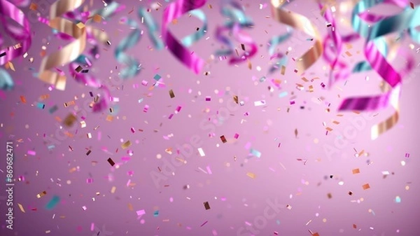 Fototapeta A pink and blue streamer with gold and silver confetti falling from it. The confetti is scattered all over the background, creating a festive and celebratory atmosphere