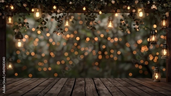 Fototapeta A wooden table with a bunch of lights hanging from it