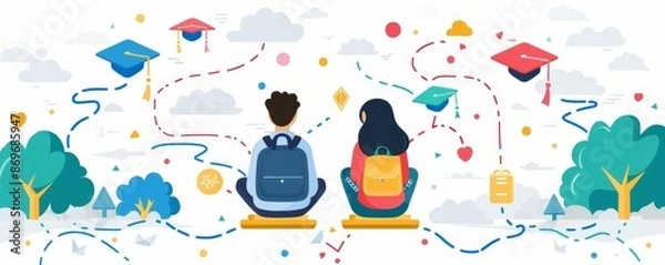 Fototapeta Back to school, students planning future educational paths, flat design illustration