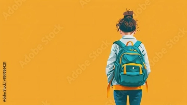 Fototapeta Back to school, child with new backpack, flat design illustration