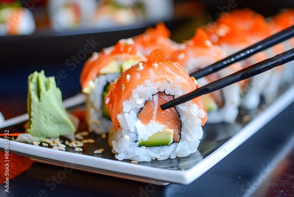 Obraz A close-up of sushi rolls with fresh fish, avocado, and rice, arranged neatly on a plate with a pair of chopsticks, against a blurred Japanese restaurant background